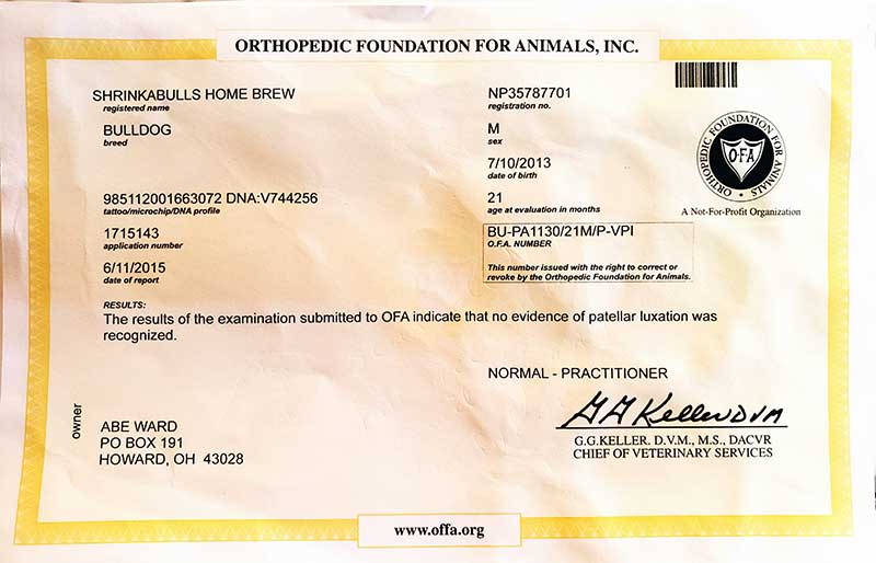 Shrinkabull's Home Brew OFA Health Certificate